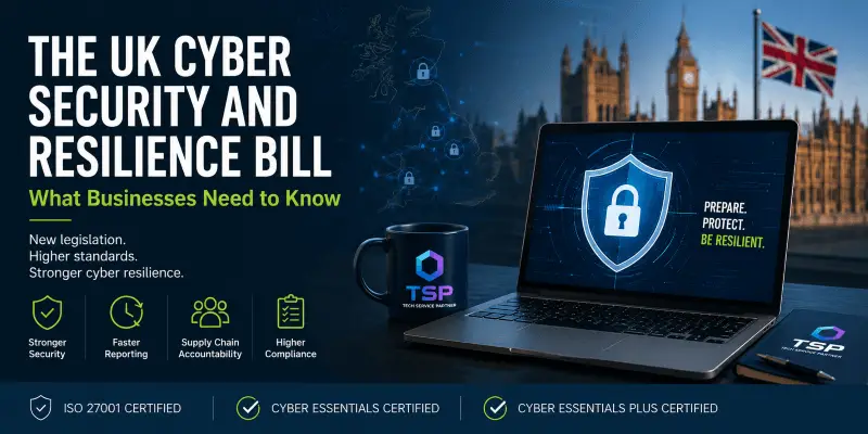 TSP (Tech Service Partner) cyber security banner promoting the UK Cyber Security and Resilience Bill, featuring a laptop with digital security shield, London skyline, branded TSP mug and notebook, and key business cyber security themes including stronger protection, faster reporting, supply chain accountability, and compliance readiness for UK businesses.